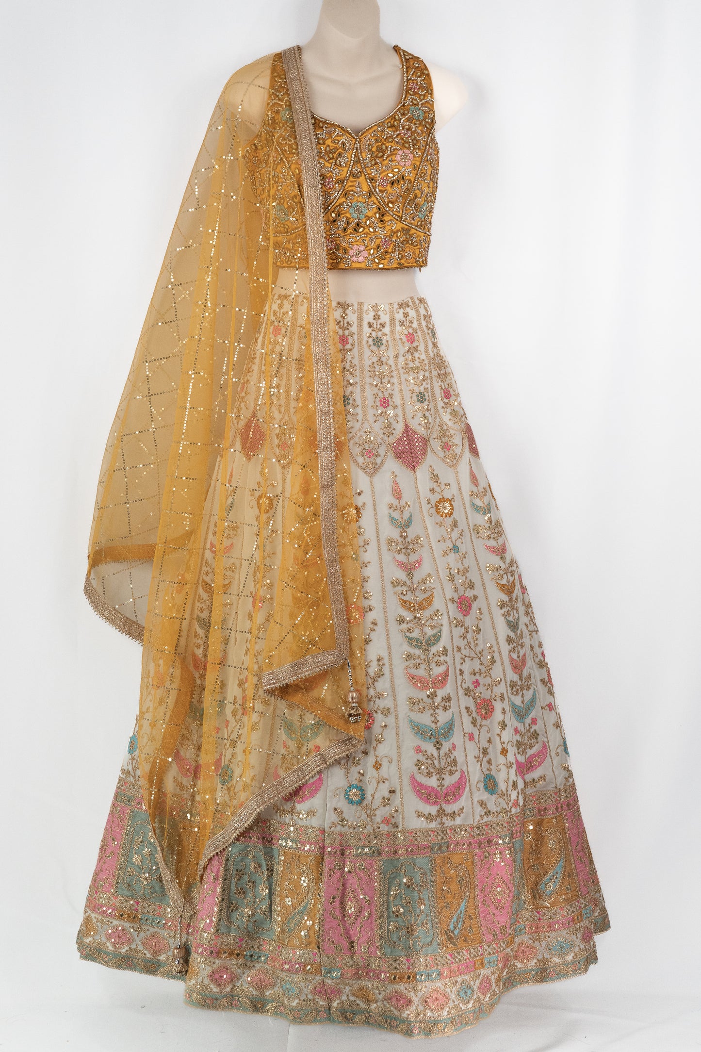 MUSTARD YELLOW AND WHITE LEHENGA SET