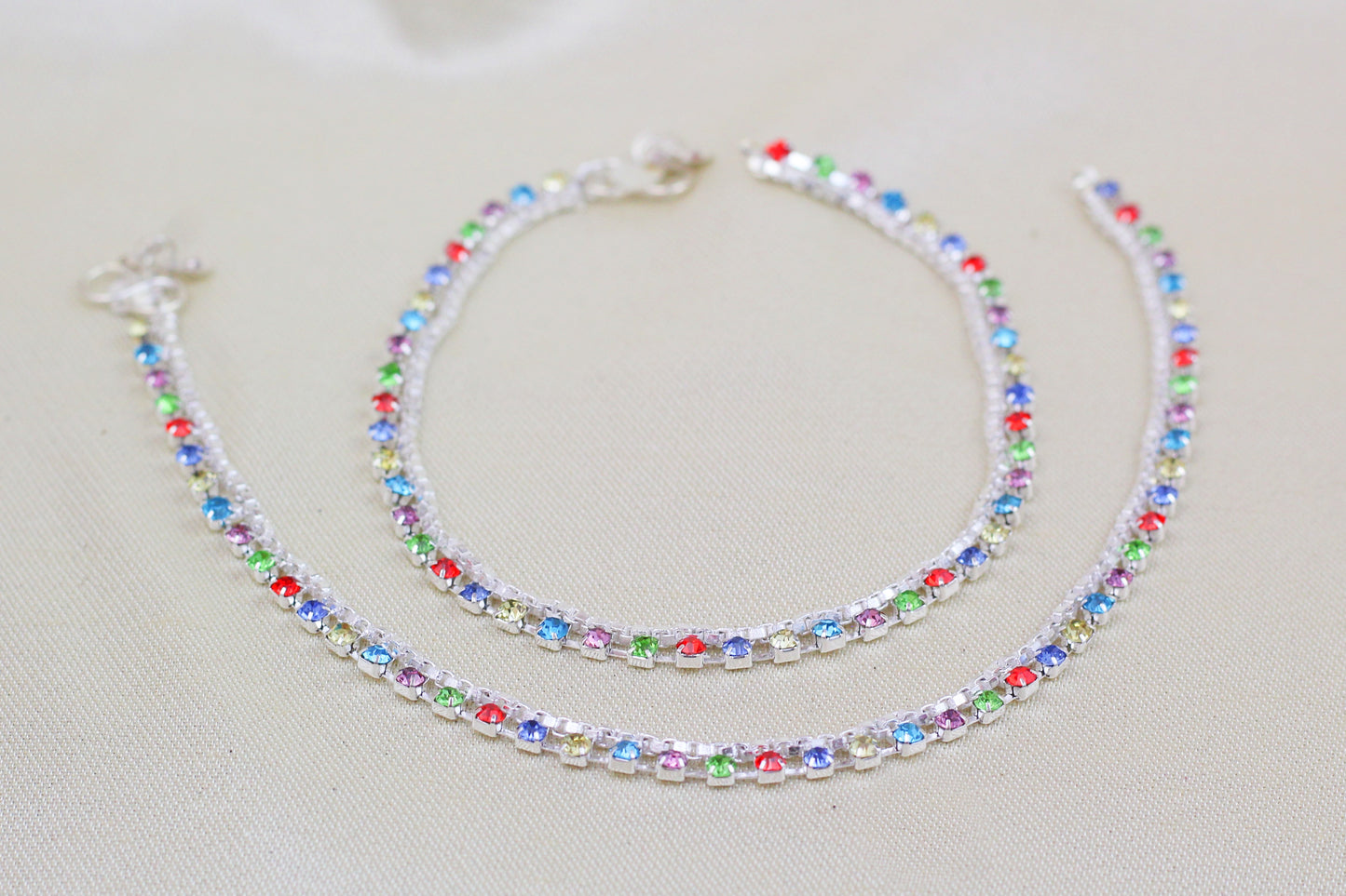 SILVER FINISH MULTI COLOUR STONE ANKLETS