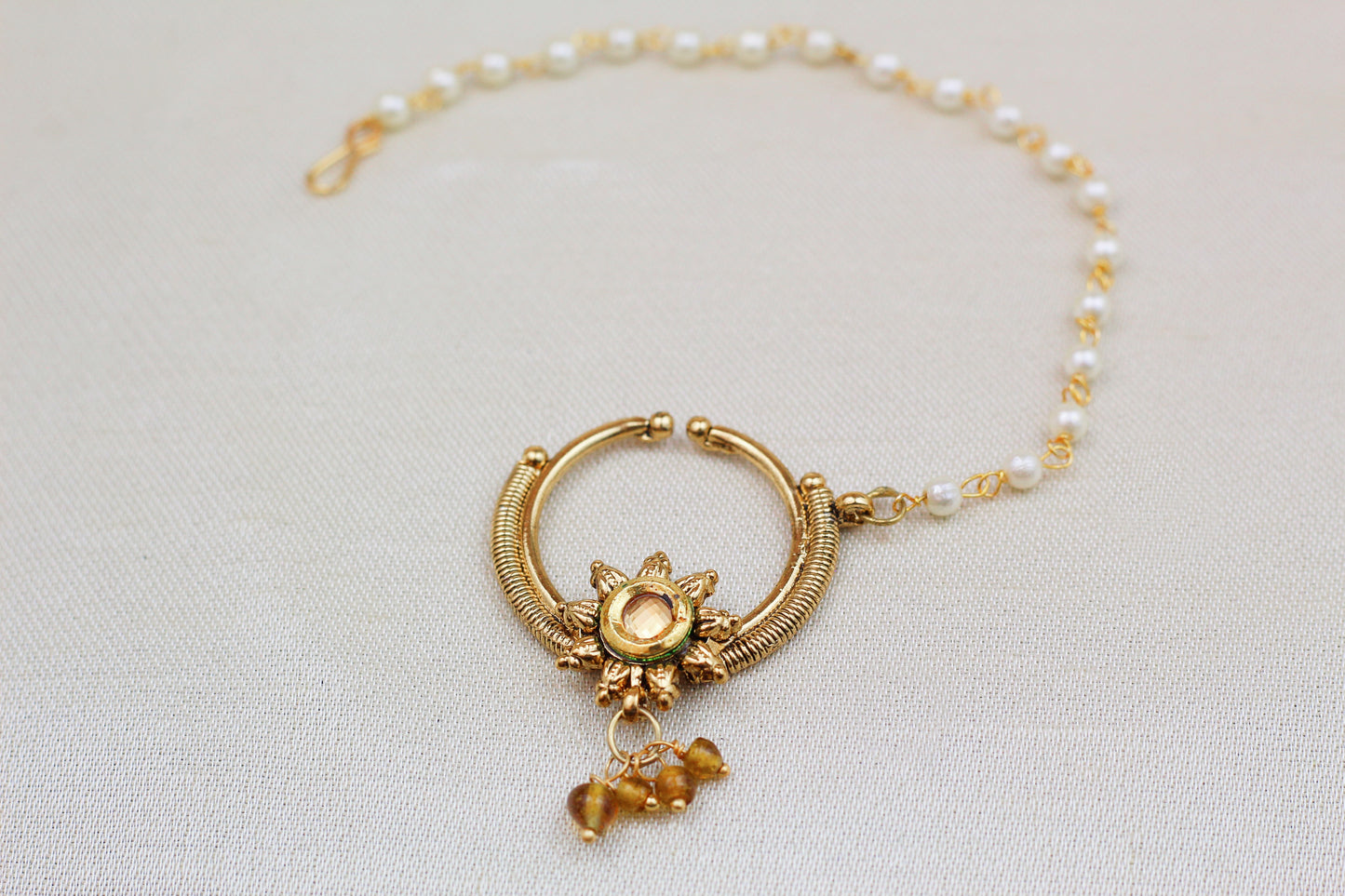 KUNDAN NOSE RING WITH PEARL CHAIN