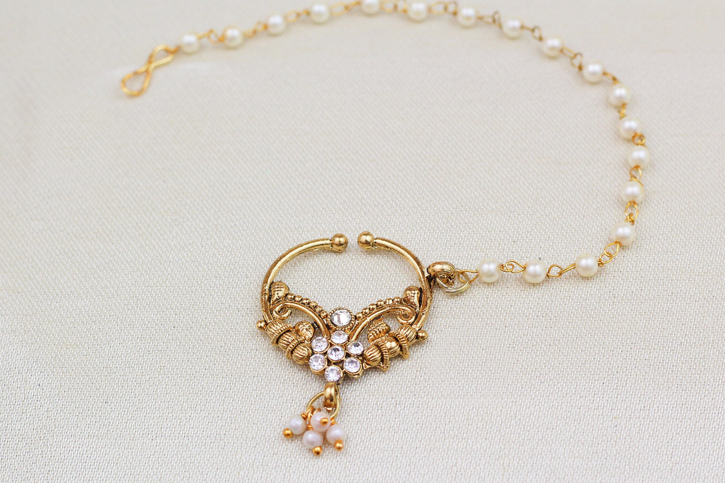 GOLD STONE NOSE RING WITH BEADED CHAIN (NATH)