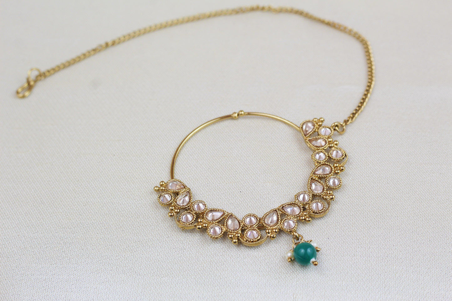 POLKI WITH EMERALD GREEN BEAD NOSE RING (NATH)