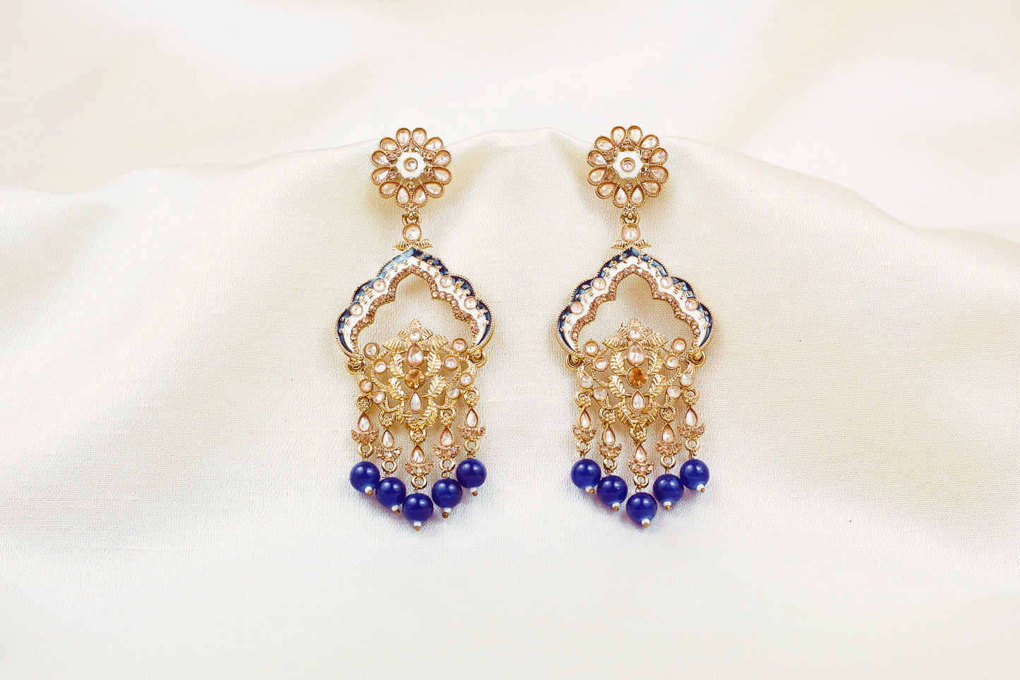 NAVY BLUE & WHITE MINAKARI POLKI EARRING