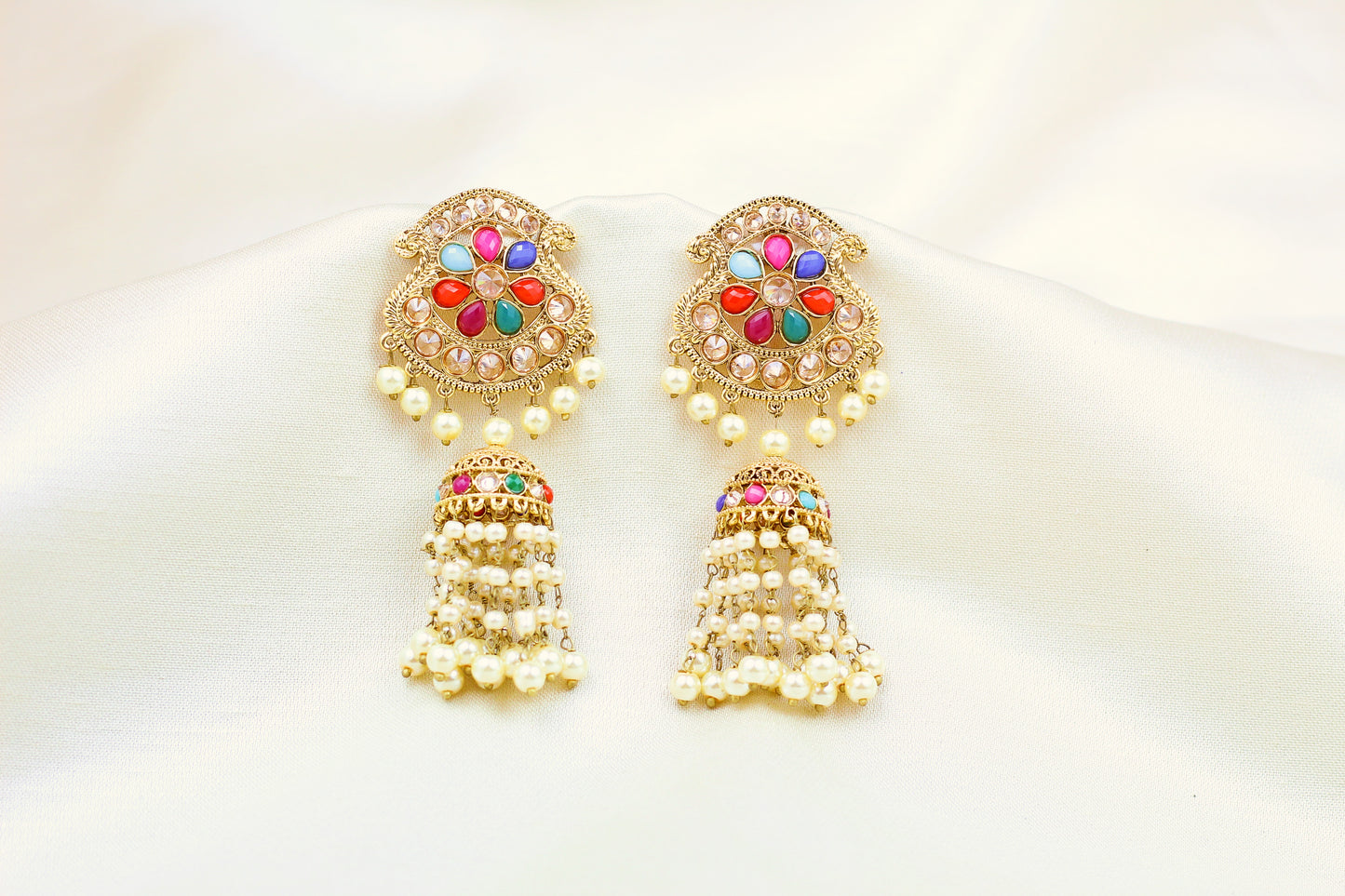 POLKI AND MULTI COLOUR BEADS JHUMKA