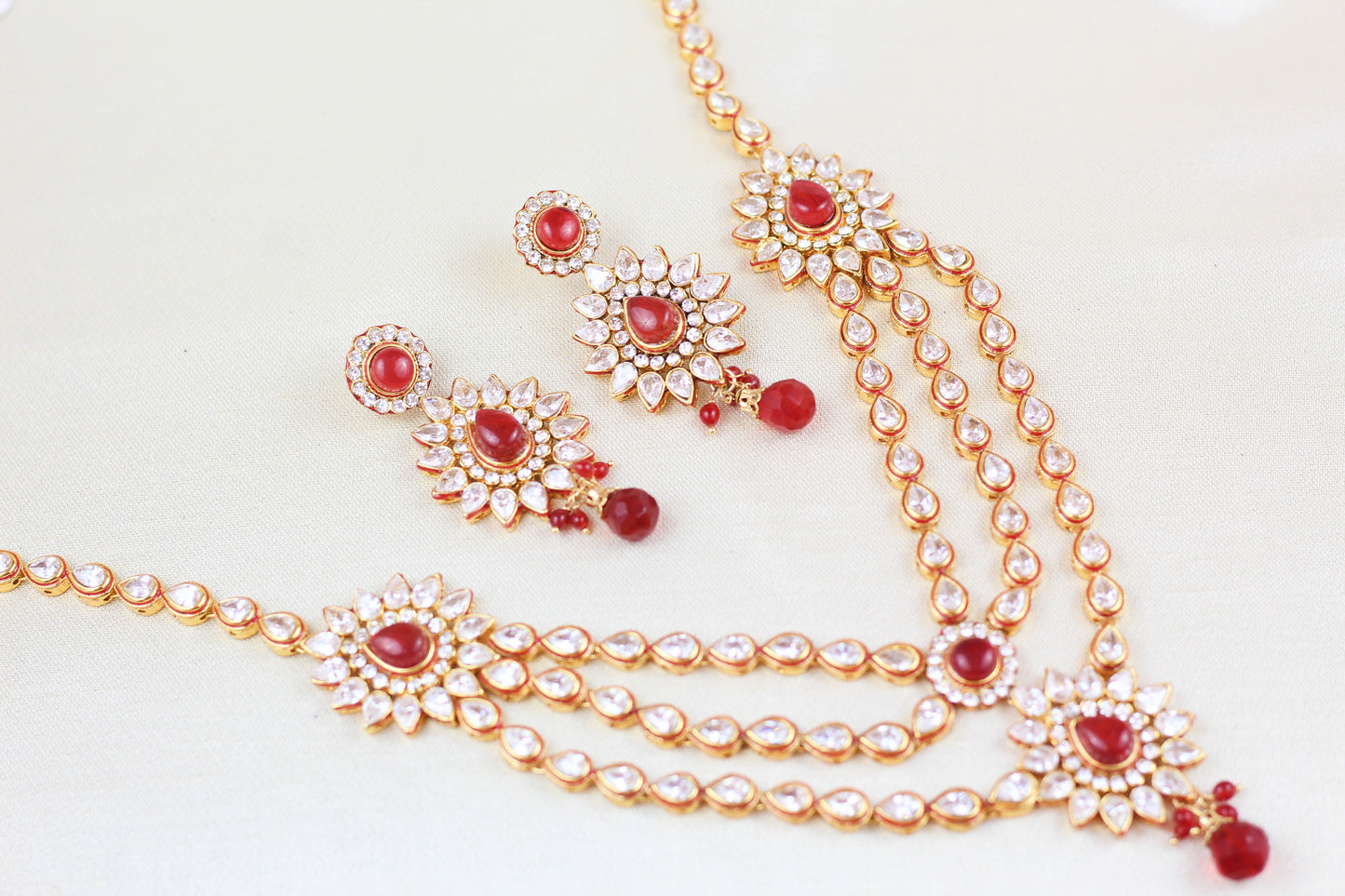 TRIPLE CHAIN POLKI NECKLACE SET WITH RUBY BEADS (3PC)