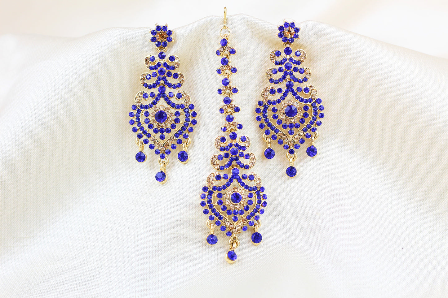 ROYAL BLUE AND GOLD RHINE STONE TIKKA SET