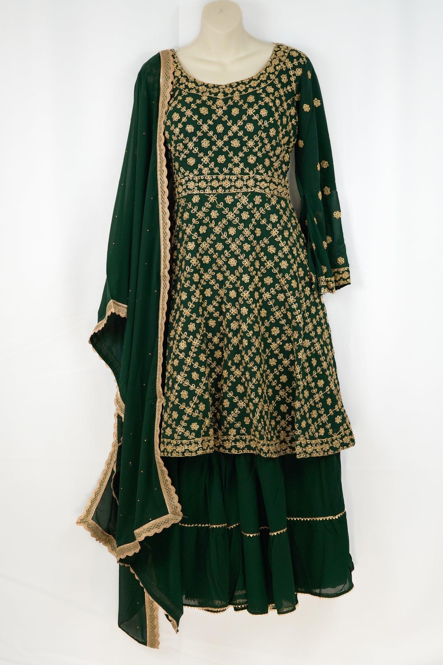 BOTTLE GREEN GEORGETTE SHARARA SET