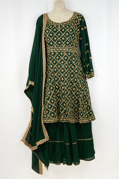 BOTTLE GREEN GEORGETTE SHARARA SET