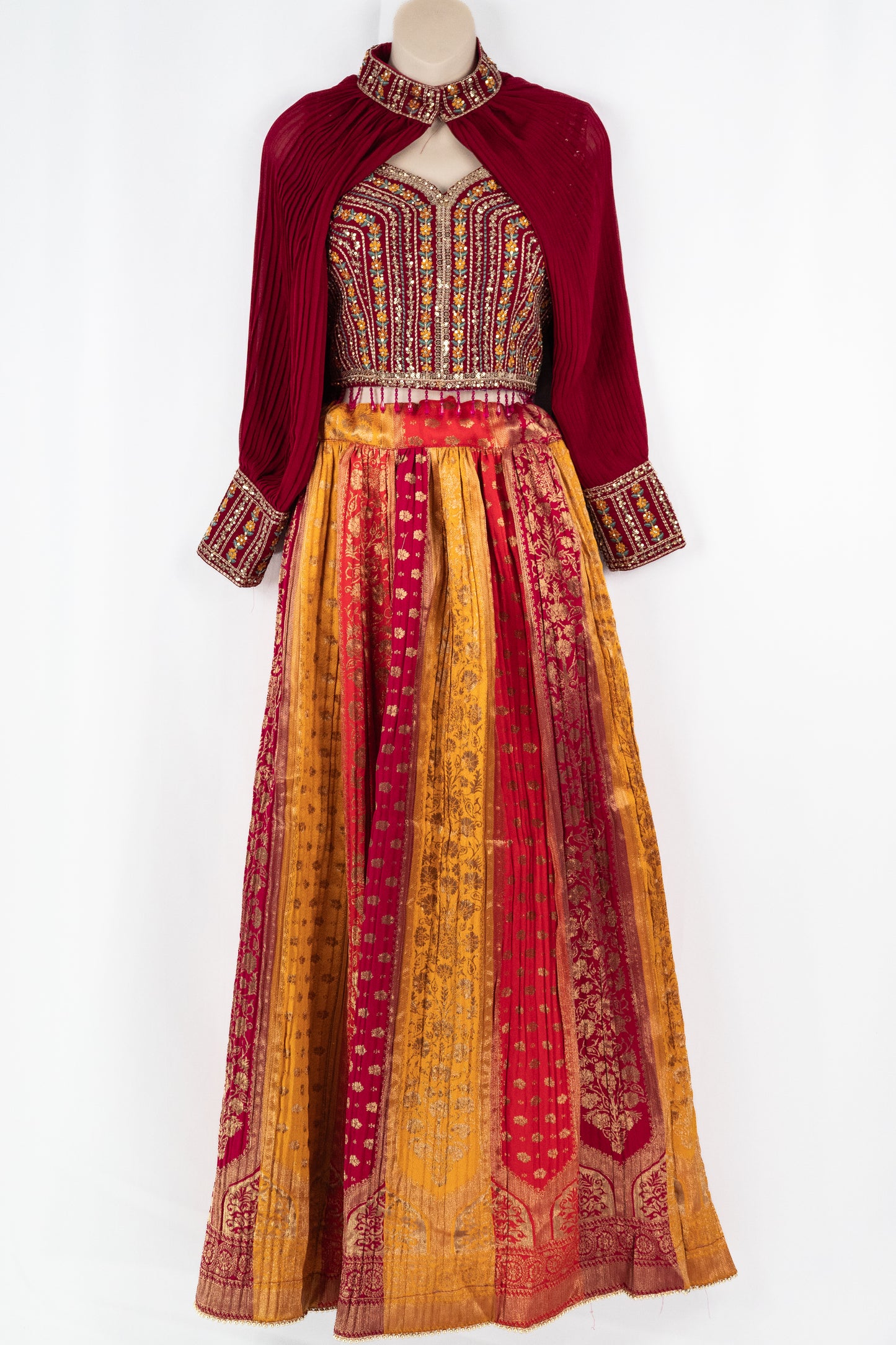 MULTI COLOR BANARSI LEHENGA SET WITH COLLAR CAPE