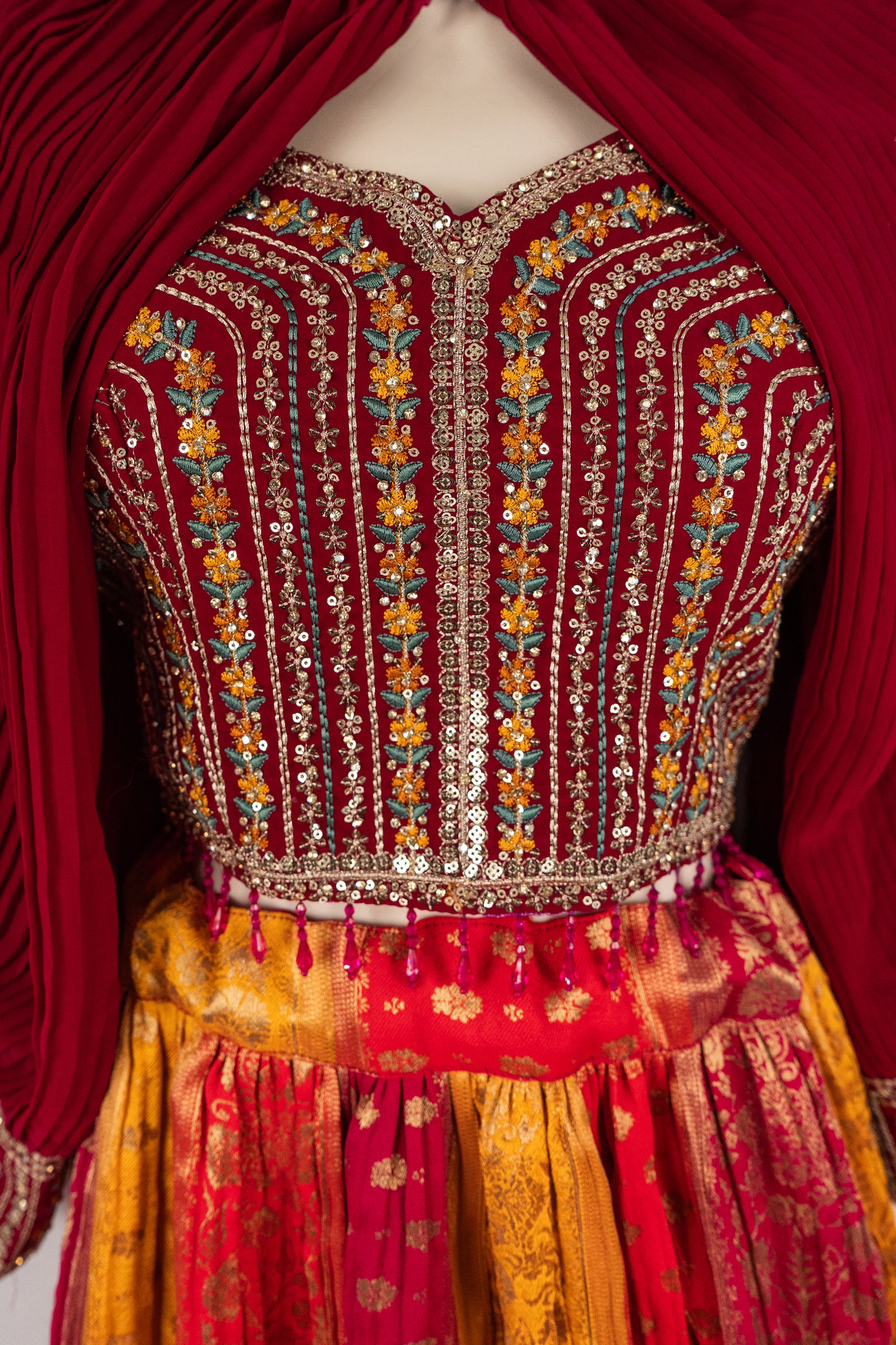 MULTI COLOR BANARSI LEHENGA SET WITH COLLAR CAPE