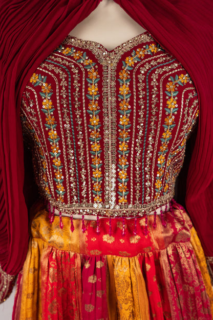 MULTI COLOR BANARSI LEHENGA SET WITH COLLAR CAPE