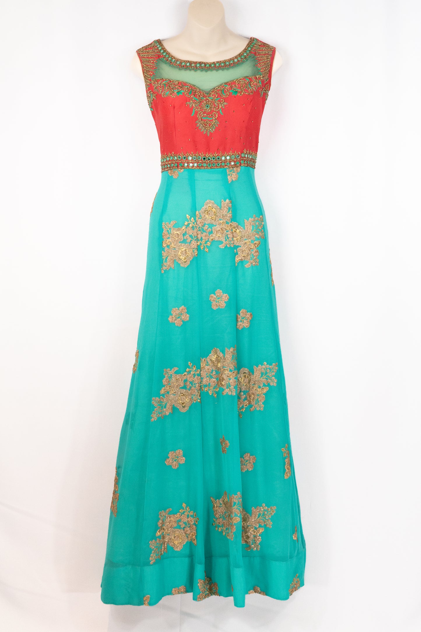 HAND EMBROIDERED TEAL AND PEACH ANARKALI