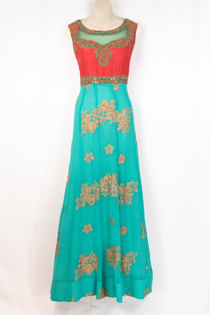 HAND EMBROIDERED TEAL AND PEACH ANARKALI