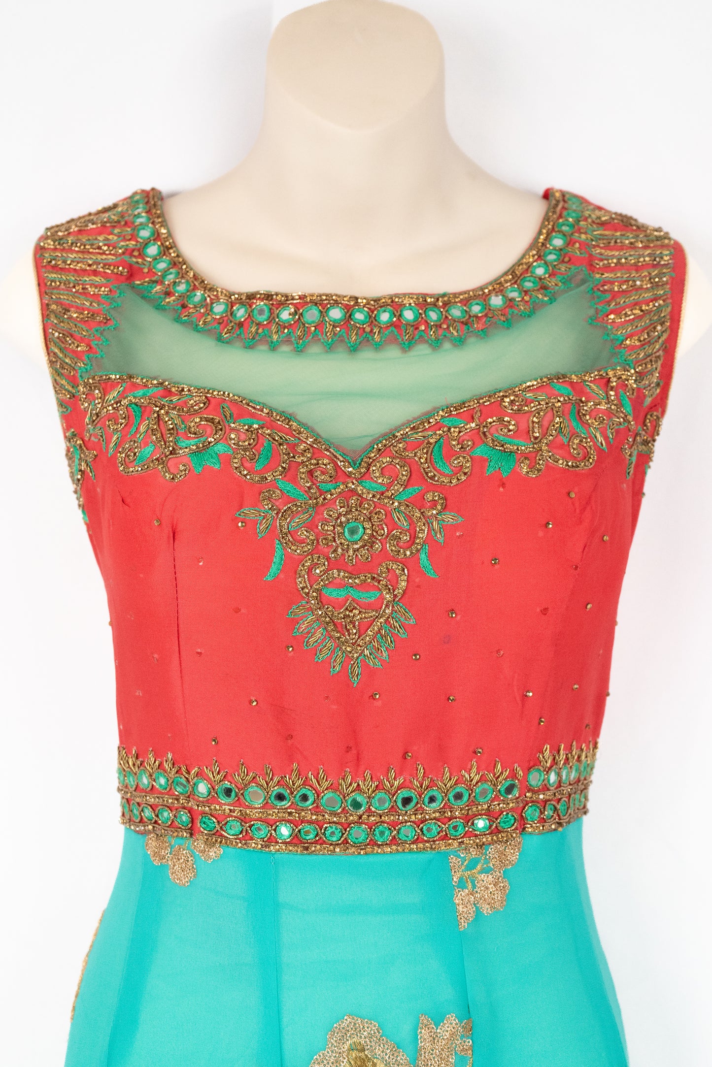 HAND EMBROIDERED TEAL AND PEACH ANARKALI