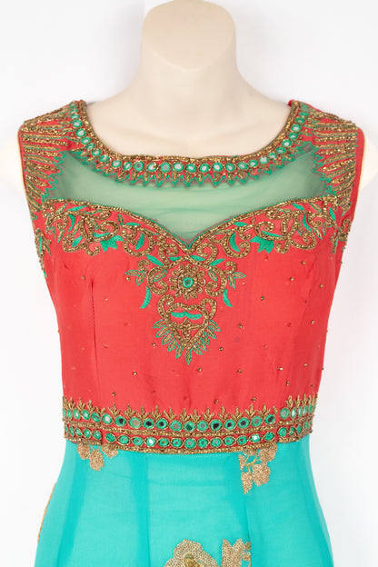 HAND EMBROIDERED TEAL AND PEACH ANARKALI