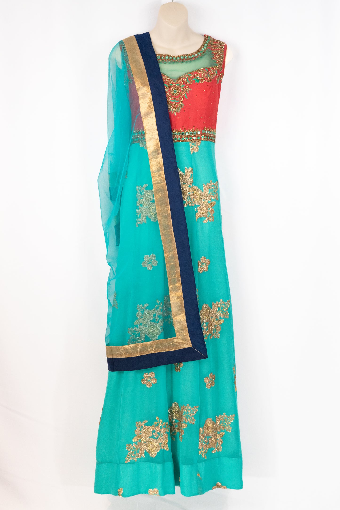 HAND EMBROIDERED TEAL AND PEACH ANARKALI