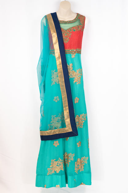 HAND EMBROIDERED TEAL AND PEACH ANARKALI