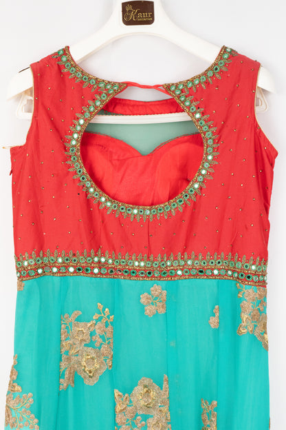HAND EMBROIDERED TEAL AND PEACH ANARKALI
