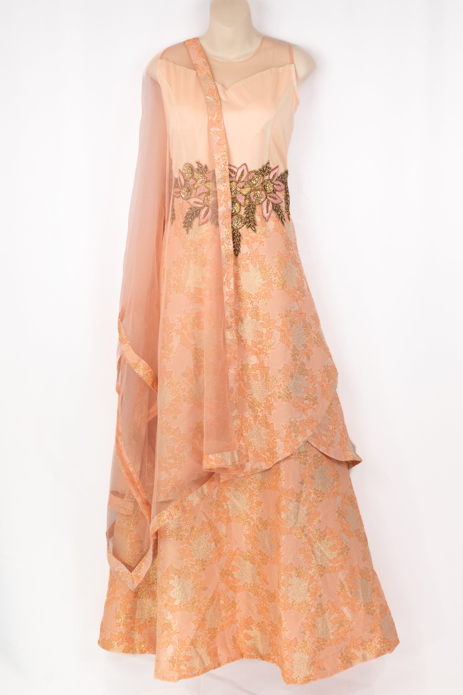 SALMON PEACH DOUBLE FLARE JACQUARD GOWN – Kaur Collection