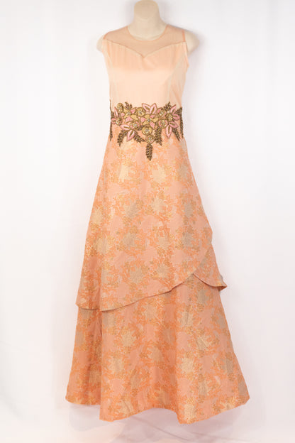 SALMON PEACH DOUBLE FLARE JACQUARD GOWN