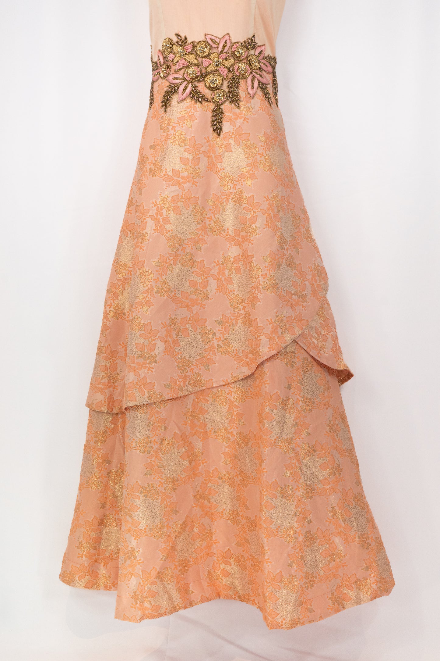 SALMON PEACH DOUBLE FLARE JACQUARD GOWN