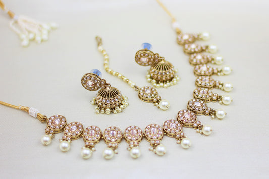 POLKI NECKLACE SET WITH CREAM PEARL (4PC)