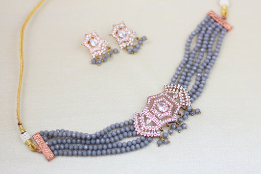 COPPER FINISH AD CHOKER SET WITH GREY BEADS (3PC)