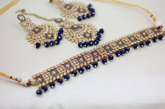 POLKI CHOKER SET WITH NAVY BLUE PEARLS (4PC)