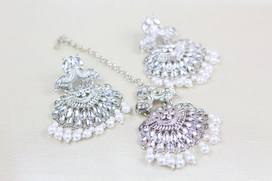 SILVER FINISH KUNDAN TIKKA SET (BIRD DESIGN)