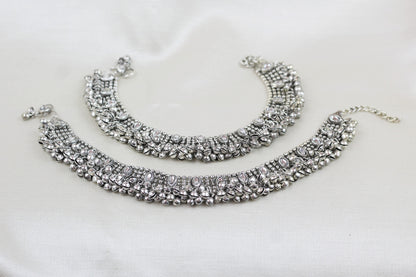 SILVER FINISH OXIDIZED KUNDAN ANKLETS