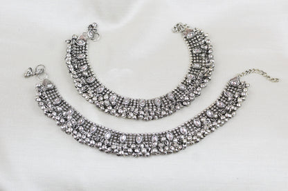 SILVER FINISH OXIDIZED KUNDAN ANKLETS