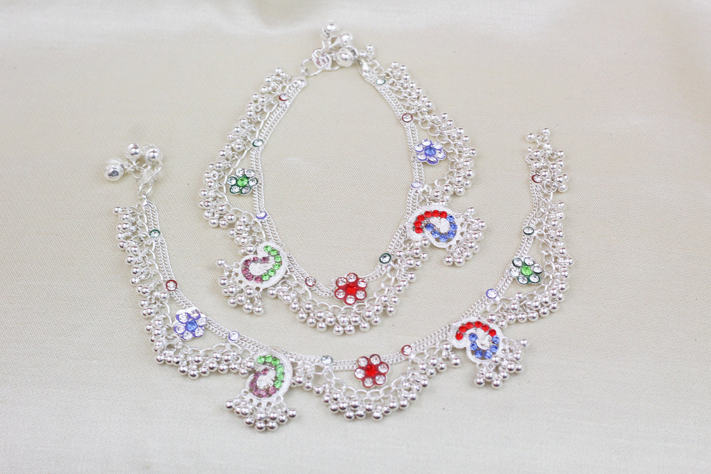 SILVER FINISH MULTI COLOUR AMBI DESIGN ANKLETS