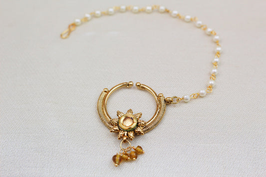KUNDAN NOSE RING WITH PEARL CHAIN