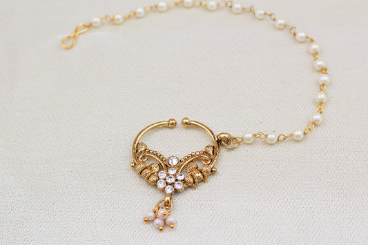 GOLD STONE NOSE RING WITH BEADED CHAIN (NATH)