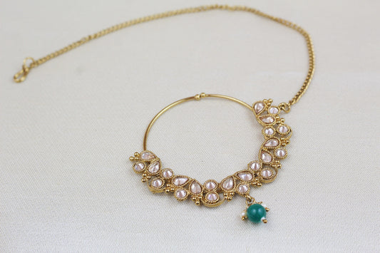 POLKI WITH EMERALD GREEN BEAD NOSE RING (NATH)