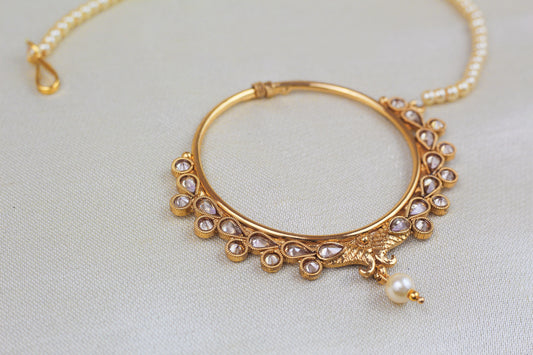 POLKI NOSE RING WITH PEARL CHAIN