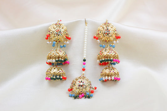 MULTI COLOR JADAU TIKKA SET WITH JHUMKA