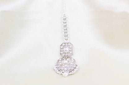 SILVER POLKI WITH PEARL DROP MAANG TIKKA