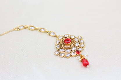 POLKI WITH RED BEADS MAANG TIKKA