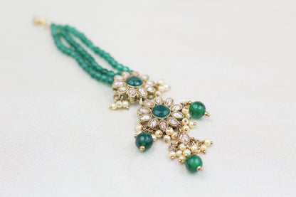 POLKI WITH EMERALD GREEN BEADS MAANG TIKKA