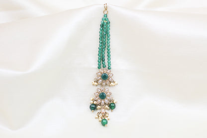 POLKI WITH EMERALD GREEN BEADS MAANG TIKKA