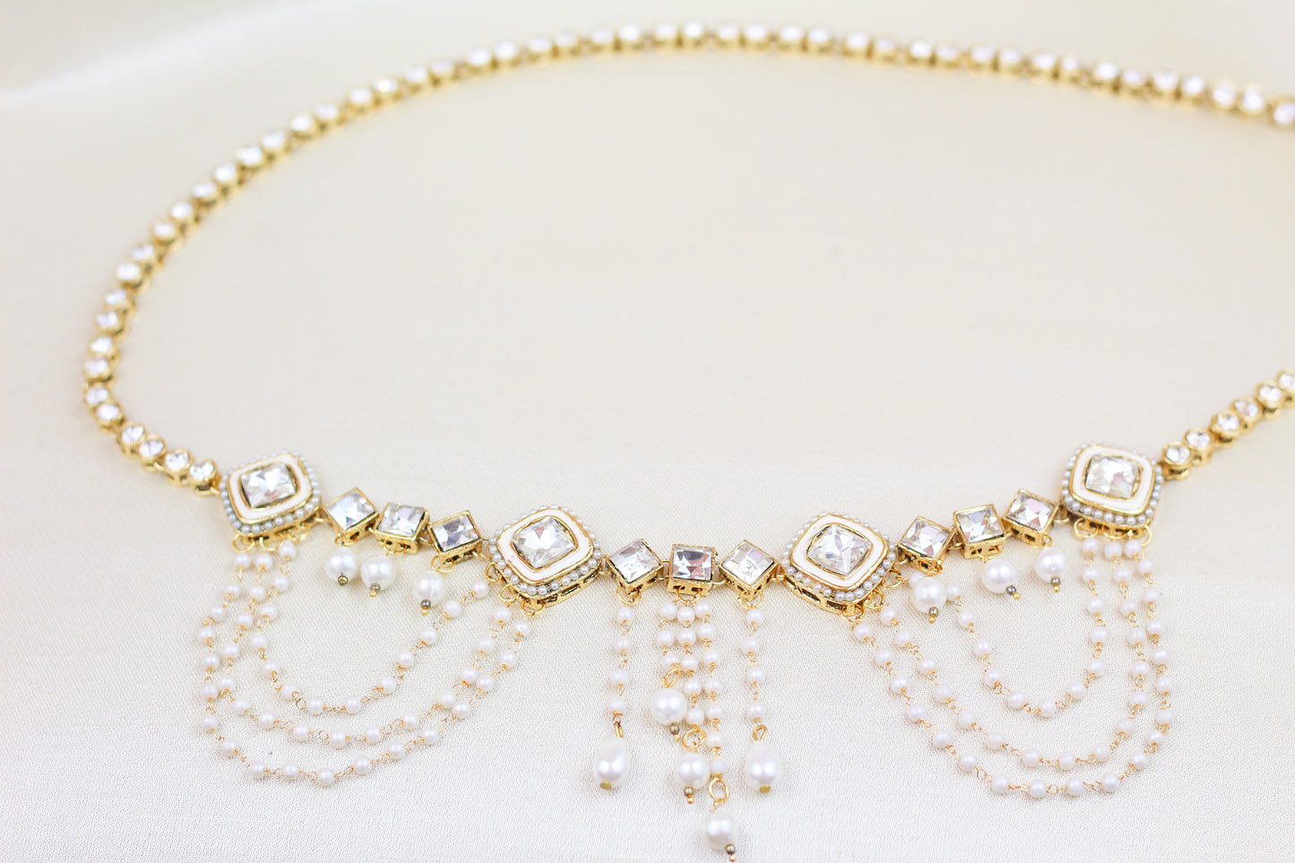 SQUARE RHINE STONE WAIST BELT WITH PEARL FRILL