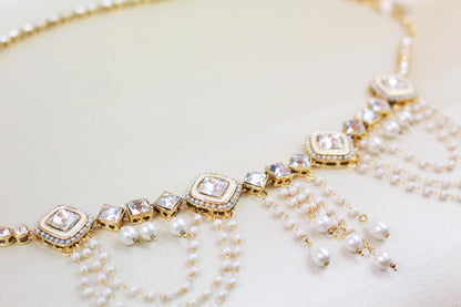 SQUARE RHINE STONE WAIST BELT WITH PEARL FRILL