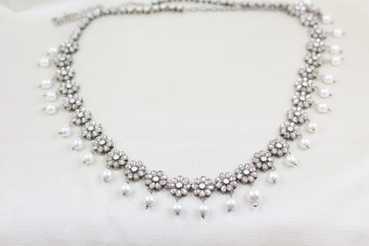 SILVER KUNDAN FLOWER WAIST BELT WITH PEARL DROP