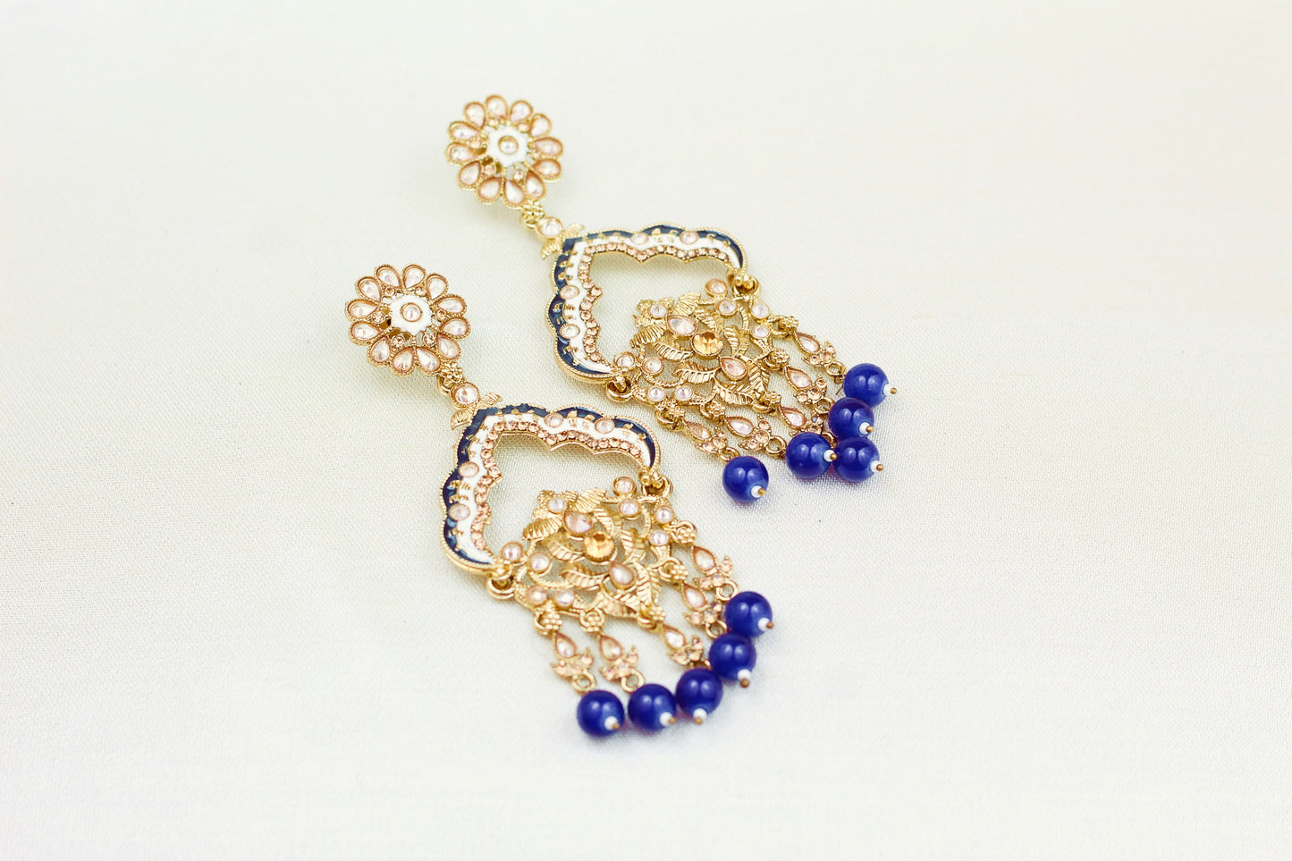 NAVY BLUE & WHITE  MINAKARI POLKI EARRING