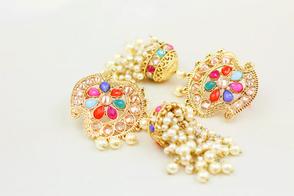 POLKI AND MULTI COLOUR BEADS JHUMKA