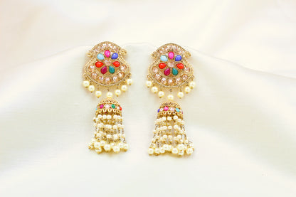 POLKI AND MULTI COLOUR BEADS JHUMKA