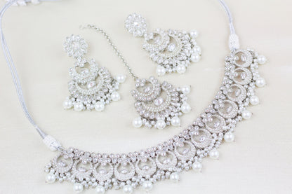 SILVER FINISH POLKI AND PEARL NECKLACE SET (4PC)