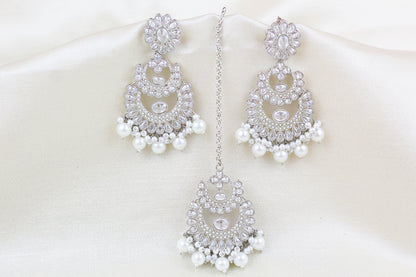 SILVER FINISH POLKI AND PEARL NECKLACE SET (4PC)