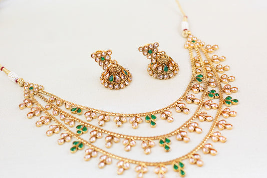TRIPLE CHAIN POLKI NECKLACE SET WITH JHUMKI (3PC)