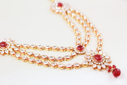 TRIPLE CHAIN POLKI NECKLACE SET WITH RUBY BEADS (3PC)
